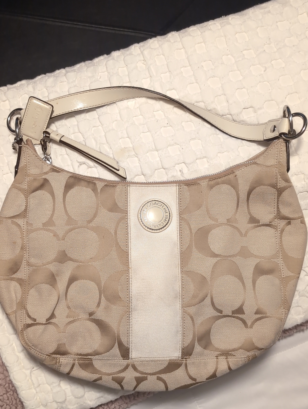 Vintage Coach Signature Stripe Hobo Shoulder Bag - Tan/White (Y2K Era)